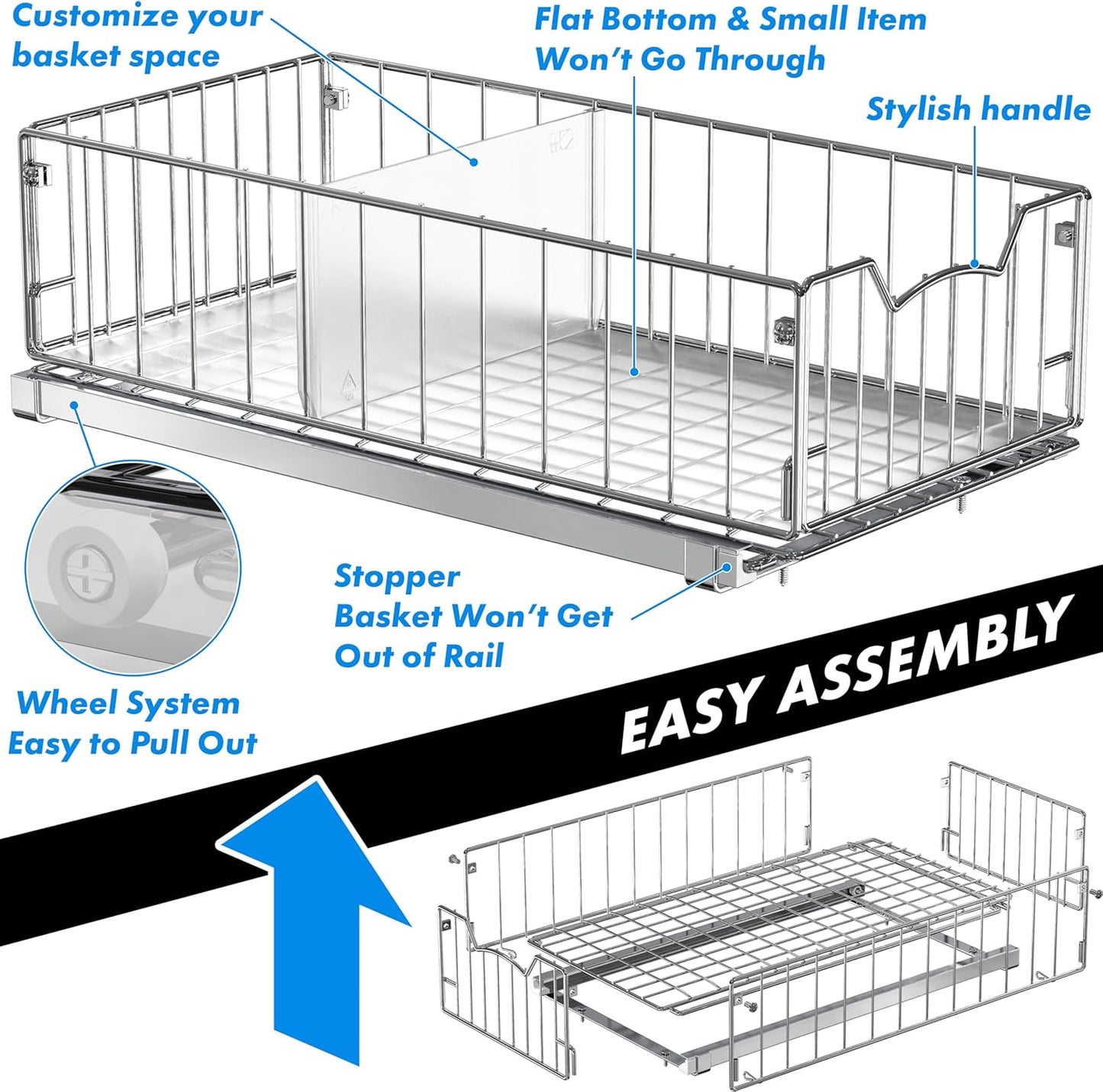 Simple Houseware Pull-Out Cabinet Sliding Basket, 17.2Dx9.7Wx5H, Chrome | Ideal for Kitchen and Bathroom Cabinet Storage Organizer, Under Sink or Pantry Organization