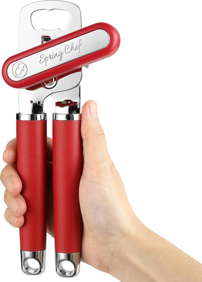 Spring Chef Stainless Steel Manual Can Opener with Soft Grip Handles, Black | Heavy Duty Hand Can Opener for Seniors with Smooth Edge, Easy Turn, 3in1 Can Opener with Magnetic Lid Remover & Bottle Opener