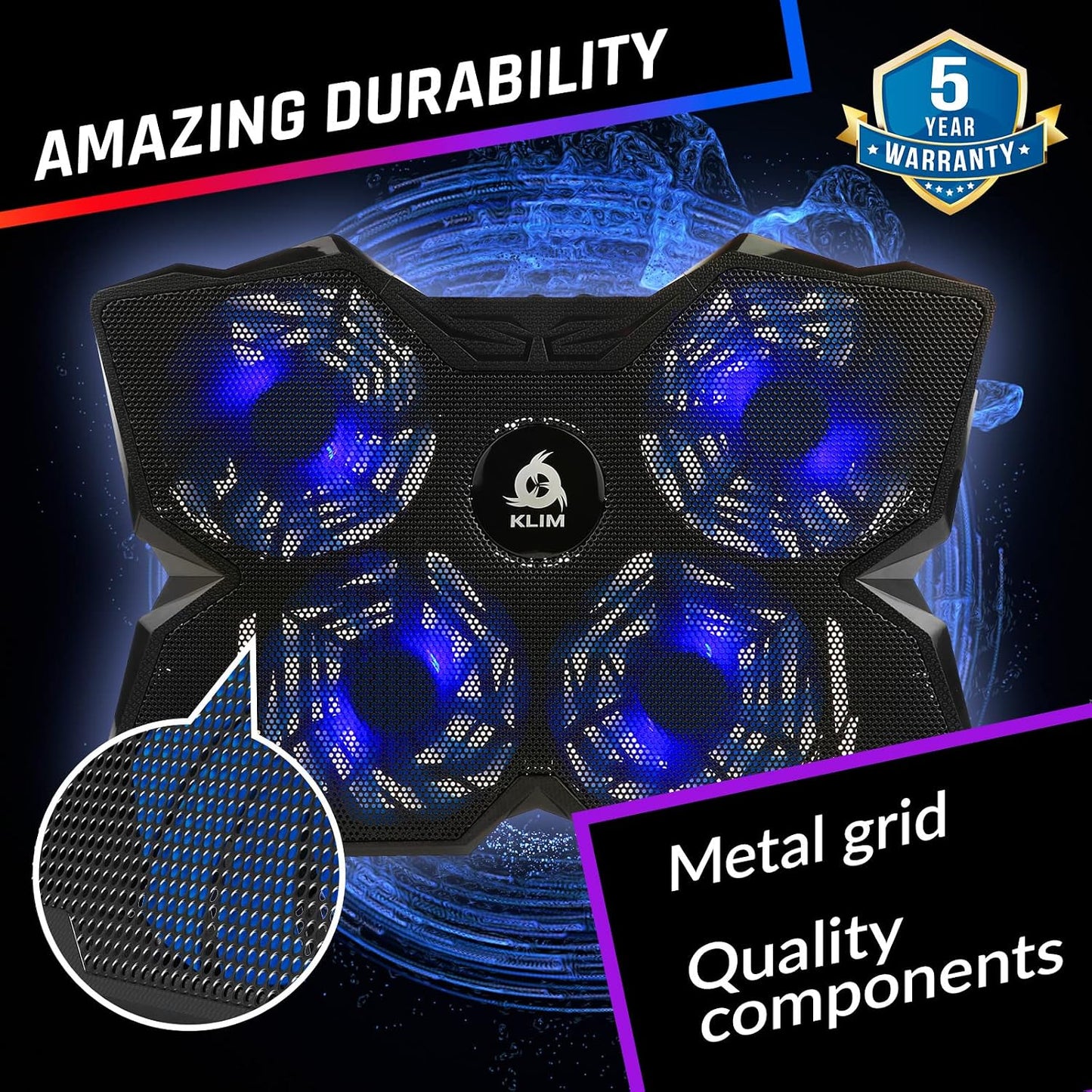 KLIM Wind Laptop Cooling Pad - More Than 500 000 Units Sold - New Version - The Most Powerful Rapid Action Cooling Fan - Laptop Stand with 4 Cooling Fans at 1200 RPM - USB Fan - PS5 PS4 - RGB
