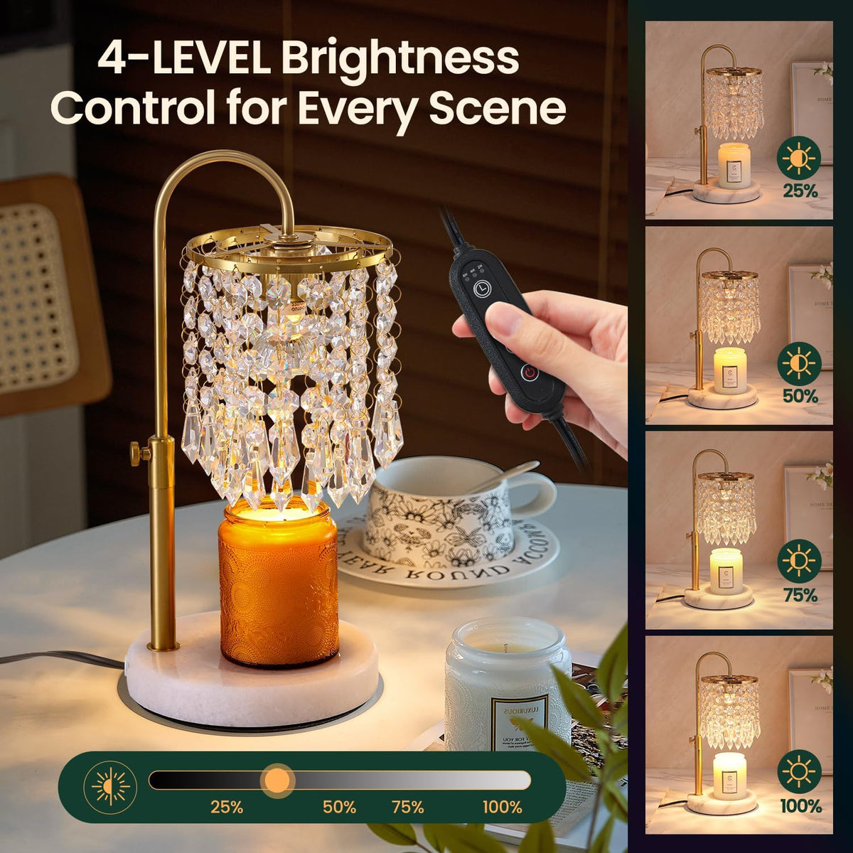 Candle Warmer Lamp with Timer Dimmer，2H/4H/8H Timer , Lamp Candle Warmer with Marble Base for Adjustable Height, Crystal Wax Melt Warmer for Jar Candles, House Warming Decor Gifts Mothers Day Gifts