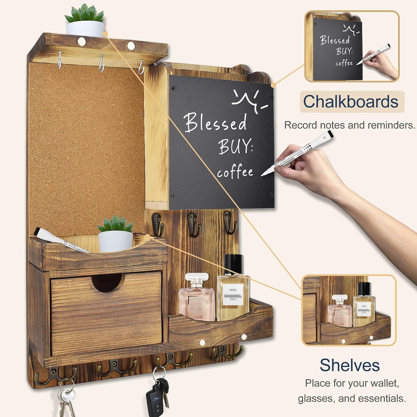 Key Holder for Wall Mount with Shelf and Mail Organizer, Key and Mail Holder with 16 Hooks, Farmhouse Entryway Organizer, Home Decor Rack (Pine Wood, White Washed)