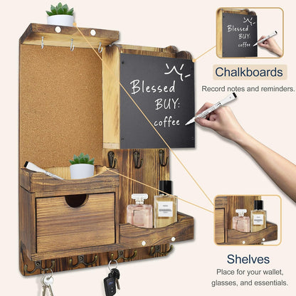 Key Holder for Wall Mount with Shelf and Mail Organizer, Key and Mail Holder with 16 Hooks, Farmhouse Entryway Organizer, Home Decor Rack (Pine Wood, White Washed)