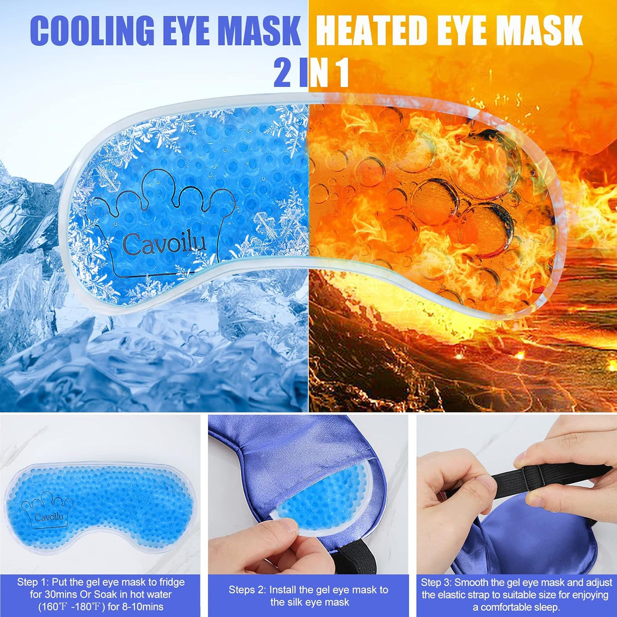 Silk Sleep Mask with Cooling Gel Eye Mask, Warm and Cold Compress, Heated Eye Mask for Tired Eyes, Stain Eye Cover Sleeping Mask for Travel, Home, Office, Yoga, Total Blackout (Black)