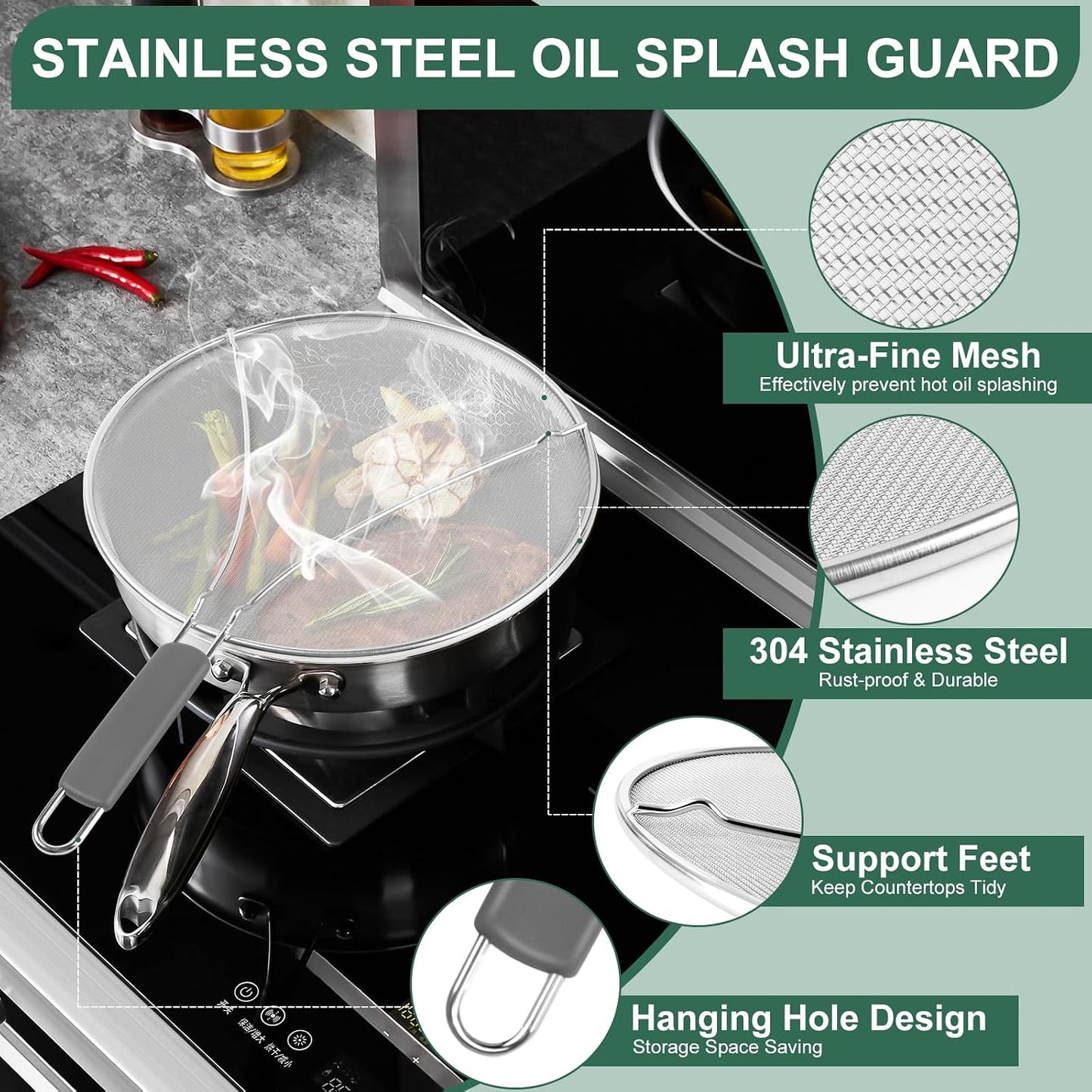 Stainless Steel Splatter Screen for Frying Pan - 9.8" 11.4" 13" Ultra Fine Mesh Grease Splatter Guard, Hot Oil Splatter Guard Shield Grease for Cooking, Kitchen Splash Guard to Prevent Oil Splatter