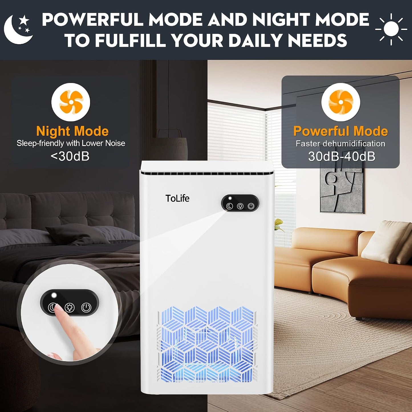ToLife Dehumidifier for Home, 1000 sq.ft Dehumidifiers for Bedroom Bathroom Basement with 95 OZ Water Tank, Auto Shut Off 7 Colors LED Light, White Black