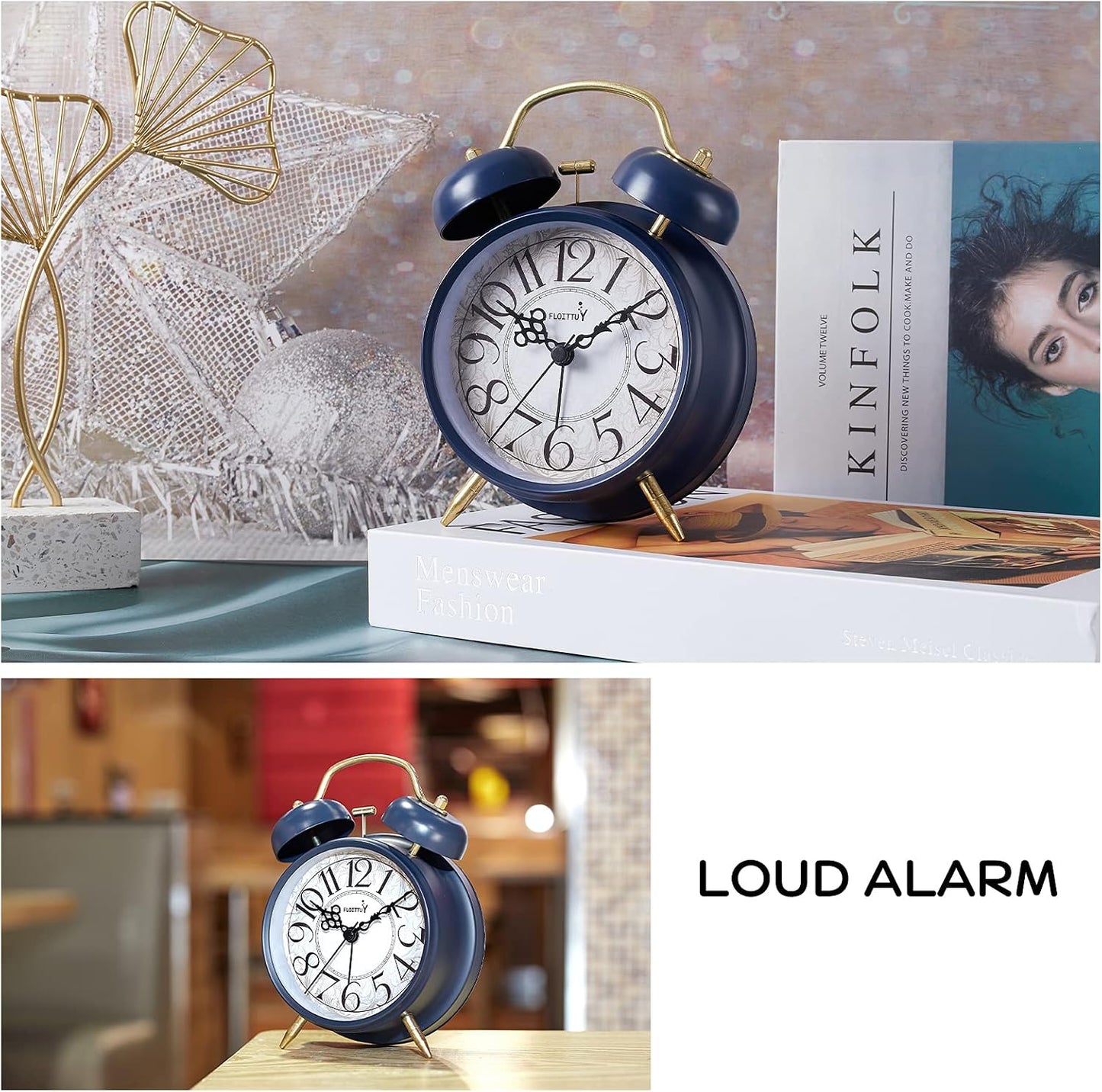 FLOITTUY Loud Alarm for Deep Sleepers 4'' Retro Twin Bell Alarm Clock with Backlight for Bedroom and Home Decoration(Retro Black)