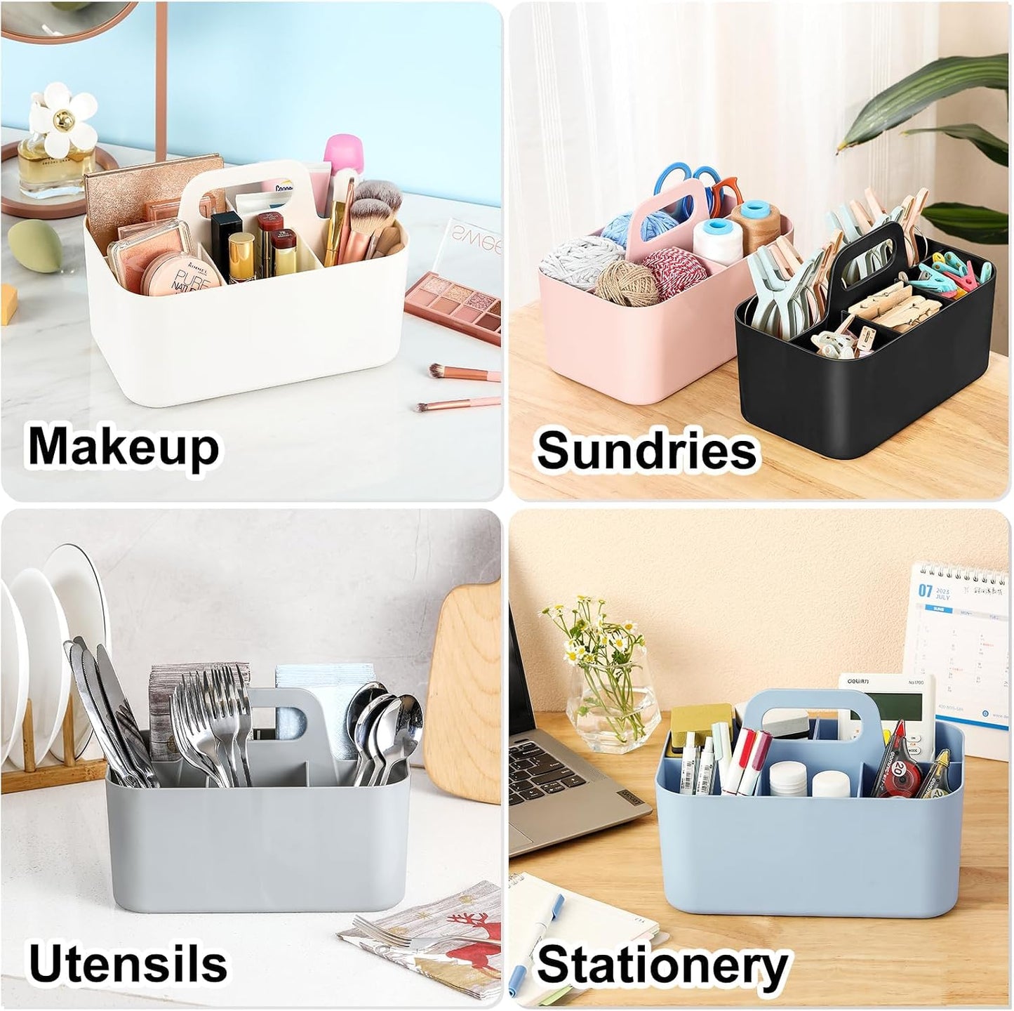 Multiuse Caddy Organizer with Handle, Portable Divided Plastic Tote Bin - Art Craft, Stationary Pen Marker Crayons, Makeup Hair Supplies Storage - Bathroom, Classroom, Dorm, Office, Desk Holder - Grey