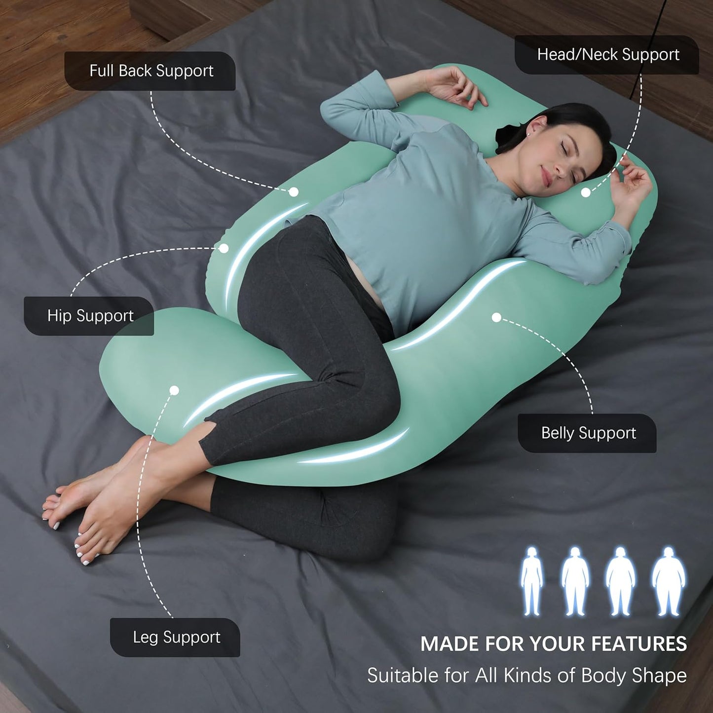 MOON PARK Pregnancy Pillows for Sleeping - 57 Inch U Shaped Full Body Maternity Pillow with Removable Cover - Support for Back, Legs, Belly, Hips - Pregnancy Pillow for Women - Grey