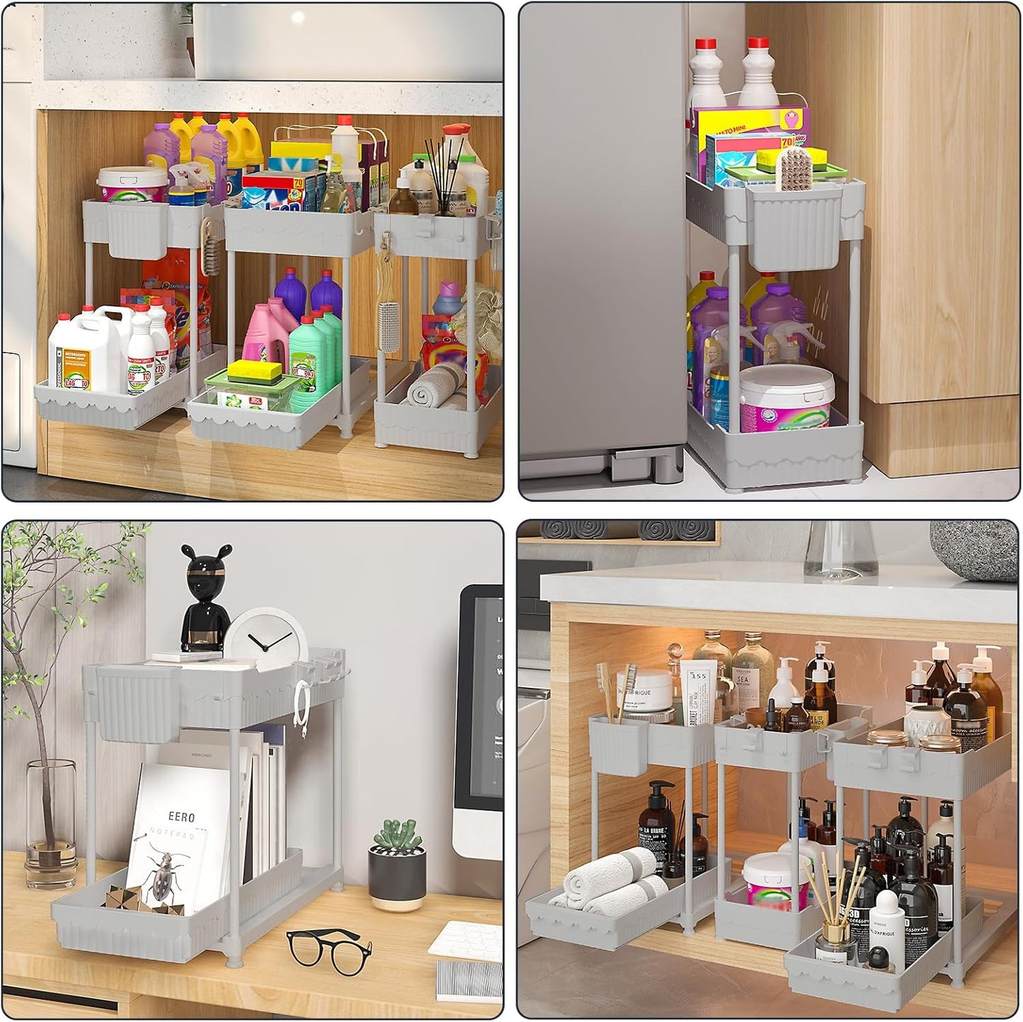 3-Pack 2-Tier Under Sink Organizers with Sliding Drawers | Multi-use kitchen & bathroom storage, 12.8 inch black cabinet organizer, space-saving sliding drawer design.