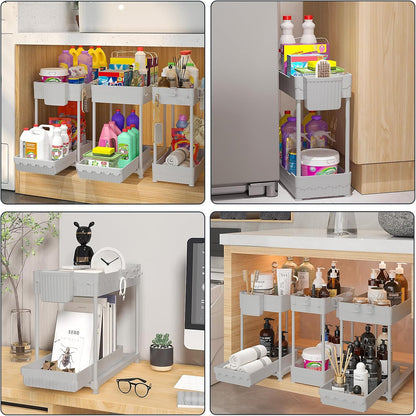 3-Pack 2-Tier Under Sink Organizers with Sliding Drawers | Multi-use kitchen & bathroom storage, 12.8 inch black cabinet organizer, space-saving sliding drawer design.