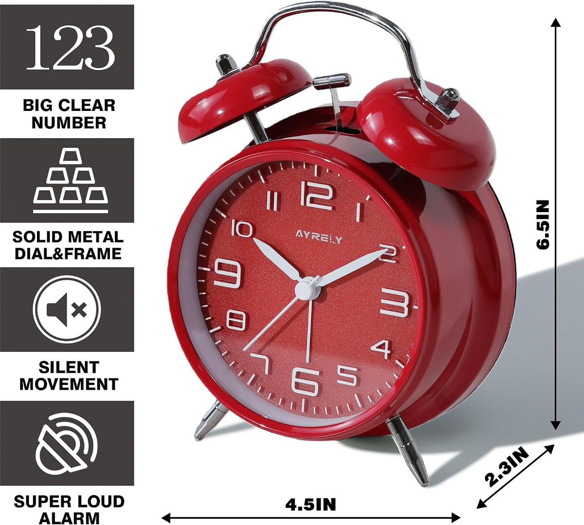 AYRELY® Super Loud Alarm Clock for Heavy Sleepers, 4.5 Inch Twin Bell Retro