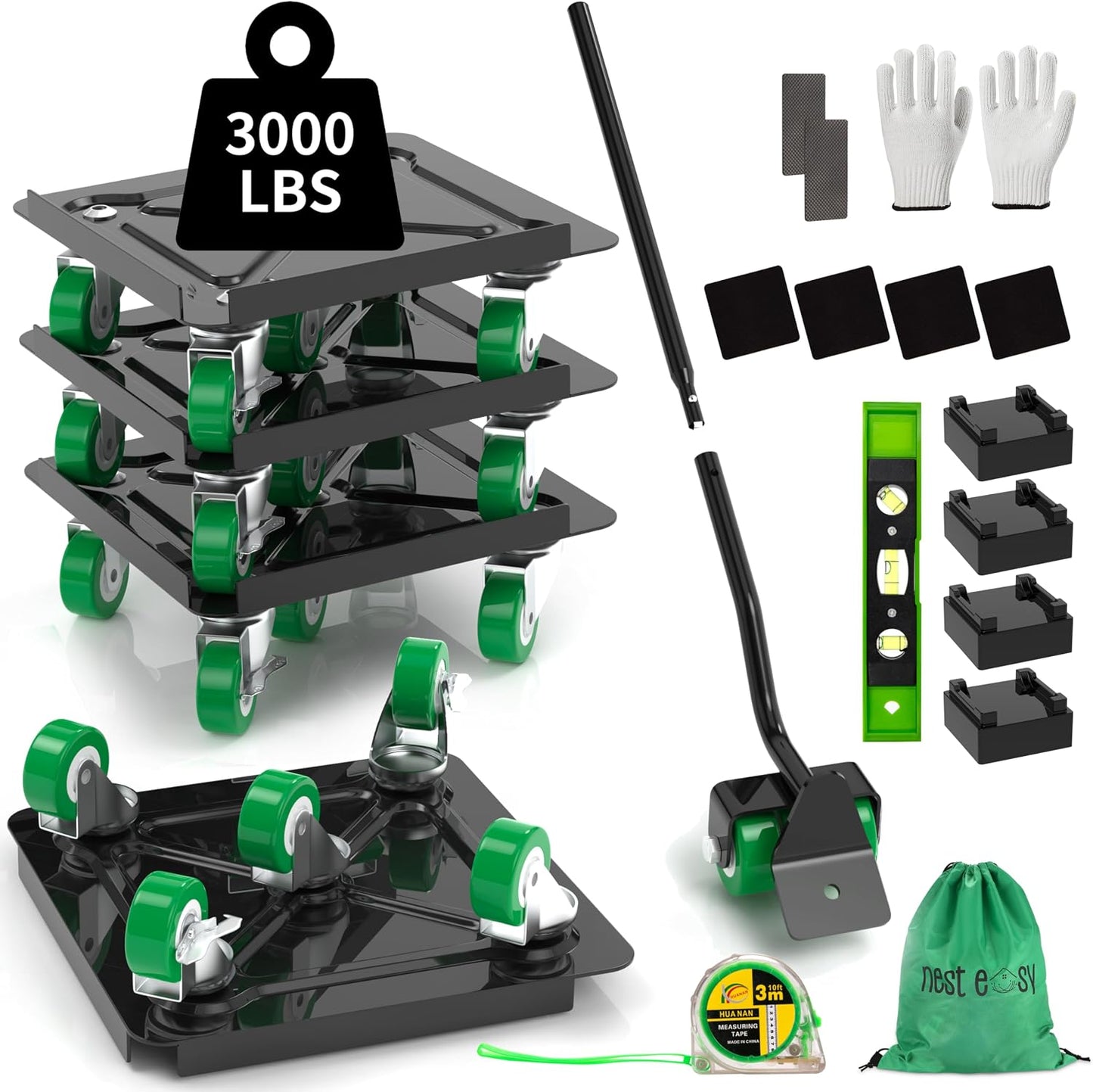 Heavy Duty Furniture Dolly 360 Rotate 5 Wheels 3000 Lbs Capacity 5.3x5.3 in | Furniture Movers with Green Wheels, Measure Tape & Leveler, Alloy Steel Furniture Lifter Tool for Smooth Home & Office Uses
