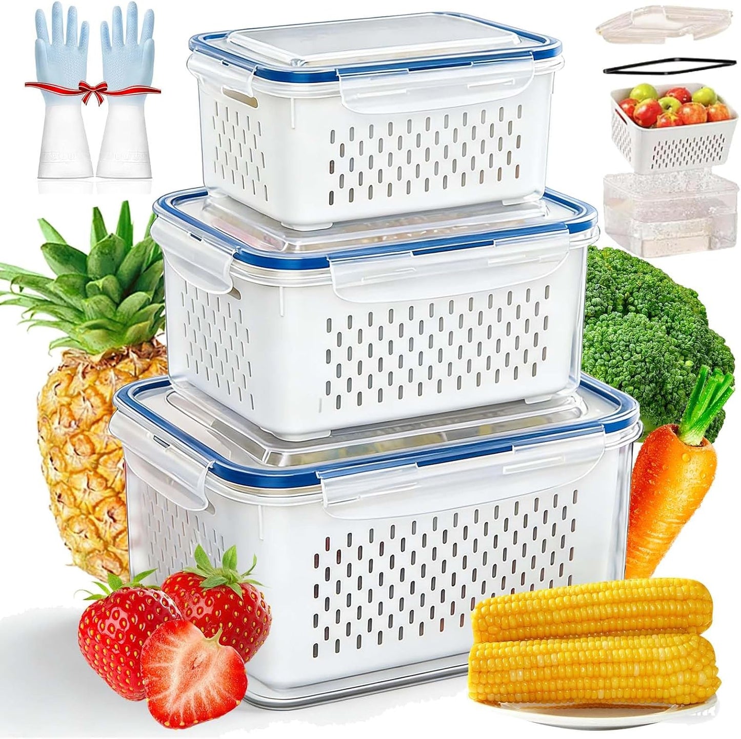 4 In 1 Food Storage Container, Fruit Storage Containers for Fridge, Household Transparent Plastic Food Storage Box-Including Drain Basket, Soak, Wash, Drain, and Store (Gray, S+M+L)