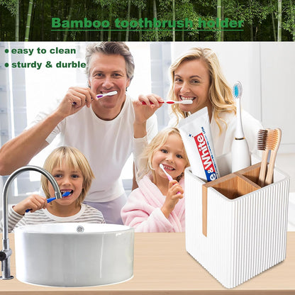 Toothbrush Holders for Bathroom, Bamboo Electric Toothbrush Stand, White | Toothbrush and Toothpaste Organizer for Sink Countertop, Bathroom Storage Stand for Brushing Accessories