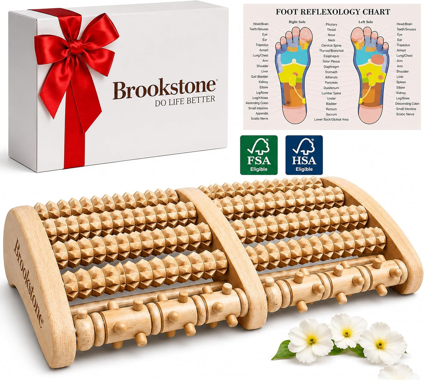 Brookstone Foot Massager Roller Plantar Fasciitis Pain Relief - Wooden Under Desk Feet Massage - Dual Manual Heel Massagers - Wood Rolling Acupressure Tool with Reflexology Guide - Gift for Men, Women