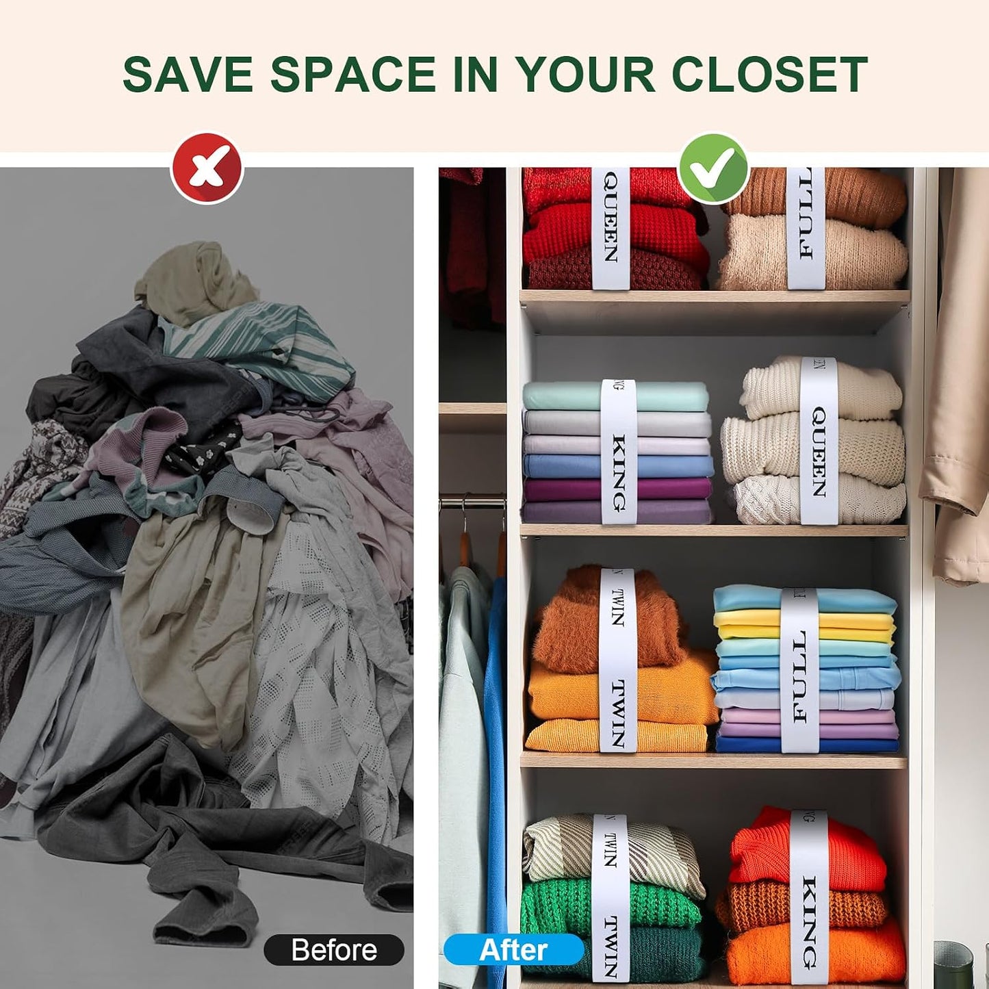 Bed Sheet Organizer Bands with Hook and Loop Adjustable Sheet Organizers and Storage Label Bands for Linen Closet-Elastic Bedding Sheet Keeper Straps for Bedsheet Sets (Queen 4PCs)