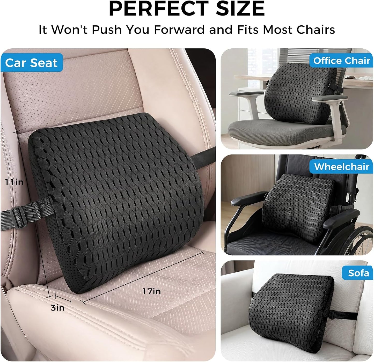 Lumbar Support Pillow for Car & Office Chair - High-Density Memory Foam Back Cushion for Sciatica & Lower Back Pain Relief - Non-Slip Support for Long Commutes & Desk Workers (Black)