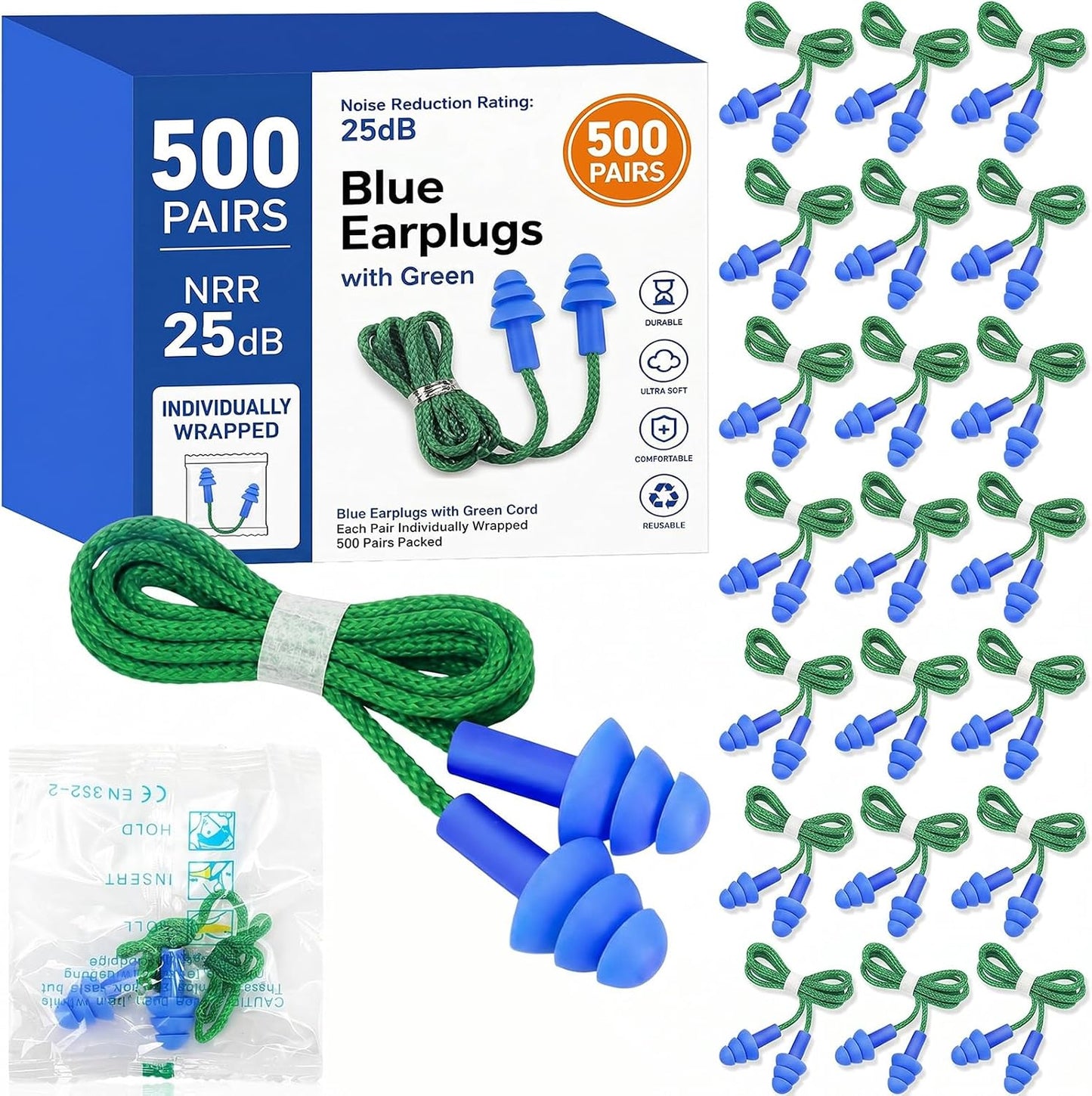 Relaxweex 500 Pairs Corded Ear Plugs Bulk 25dB NRR Reusable Silicone Ear Plug with String Individually Wrapped Earplugs for Sleeping Noise Reduction Hearing Protection Shooting Work (Blue Yellow)