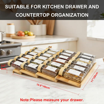 Spice Drawer Organzier,4 Tiers Bamboo Spice Rack Tray Insert for Cabinet Drawer Countertop, Kitchen Seasoning Storage Drawer Organization,14.57" Wide x 15.8" Deep （Hold UP To 32 Jars