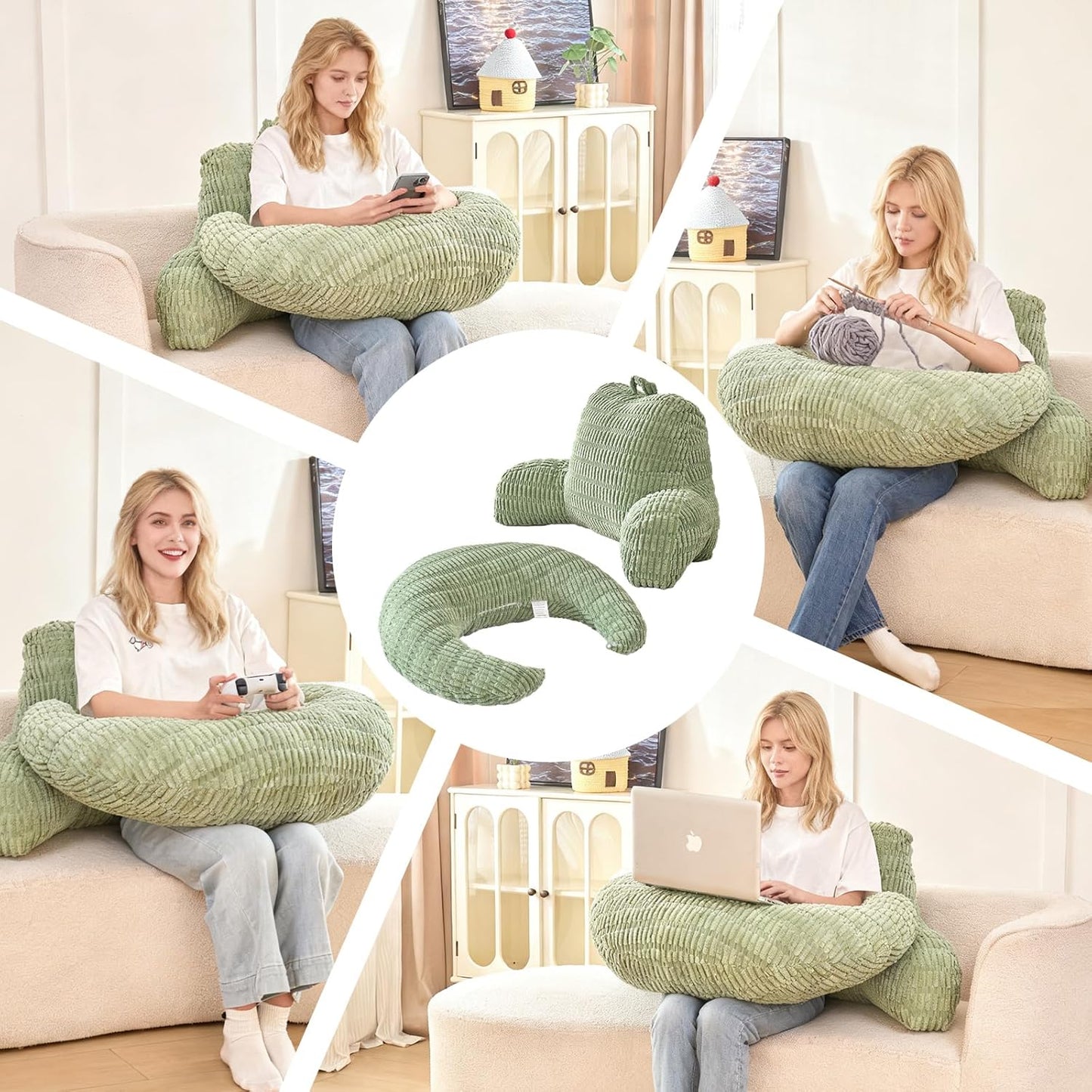 Reading Pillow with Arms for Sitting in Bed,Backrest,White Flannel,M | 17" Backrest Supports Back for College Students,Elbows & Forearms for Dorm Reading,Gaming,Watching TV