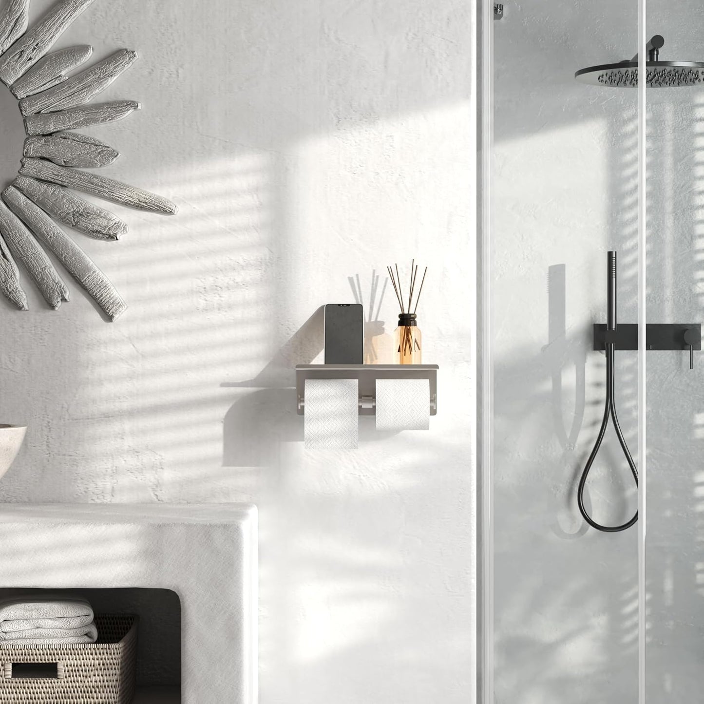Black Toilet Paper Roll Holder with Shelf Wall Mounted for Bathroom (Black, Double Head)