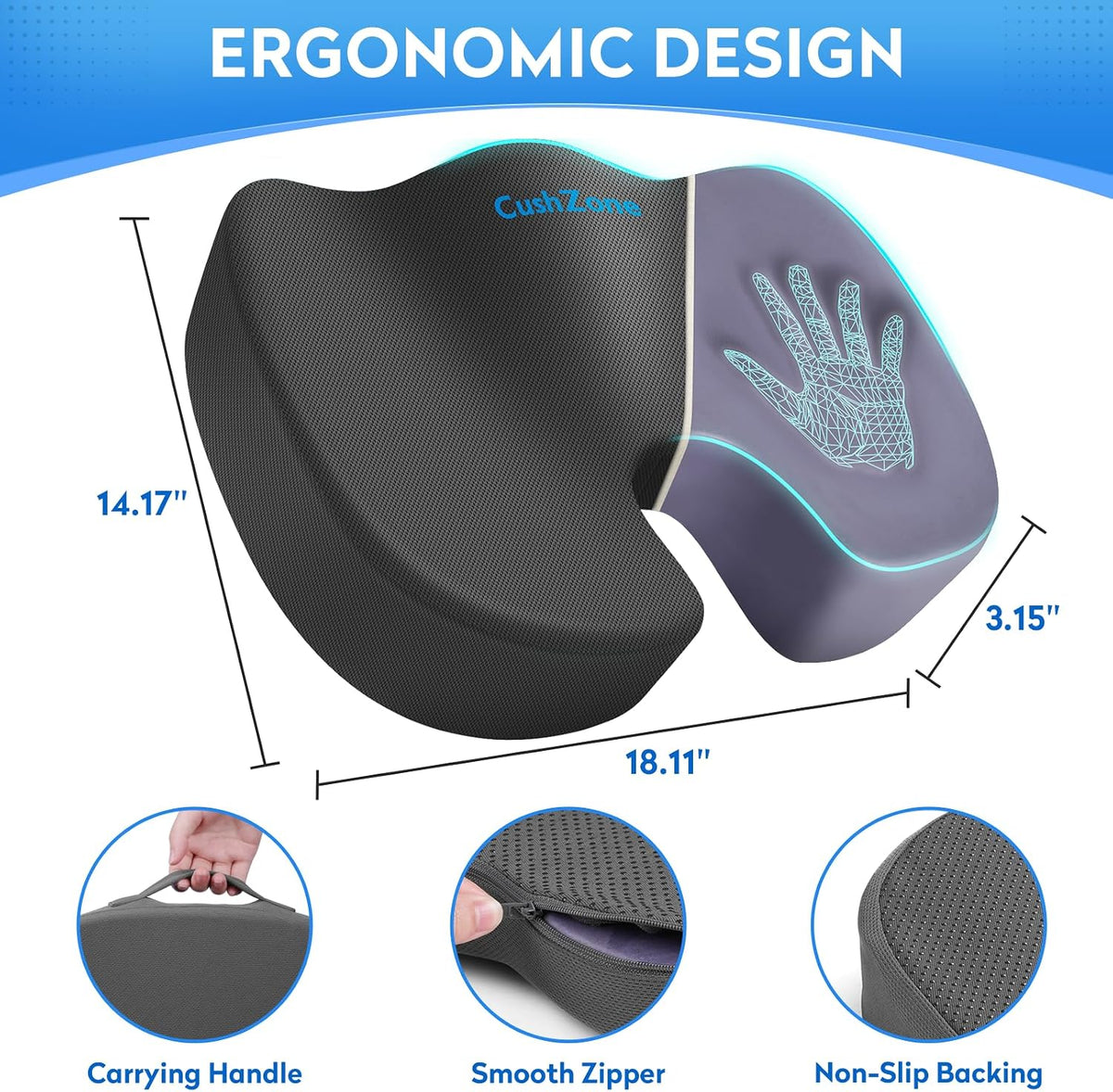 CushZone Seat Cushion Memory Foam Chair Pad for Office & Car, Black