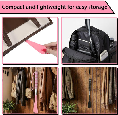 2 PCS Shoe Horn Long Handle for Seniors, Retractable Stainless Steel Foldable Shoe Horn, Adjustable Length Shoes Helper for Travel Women (Black, Pink)