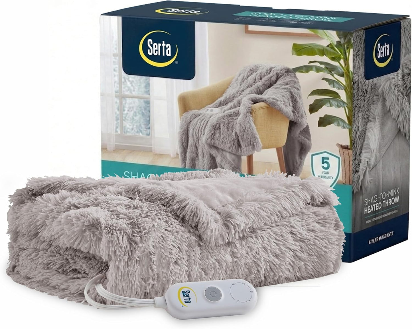 Serta Mila Shaggy Heated Throw Blanket - Soft Faux Fur Heated Blanket, Fast Heating, Auto Shut Off Timer, Low EMF, 5 Heat Setting, ETL Certified, Machine Washable Electric Blanket, Ash Grey 50"x60"