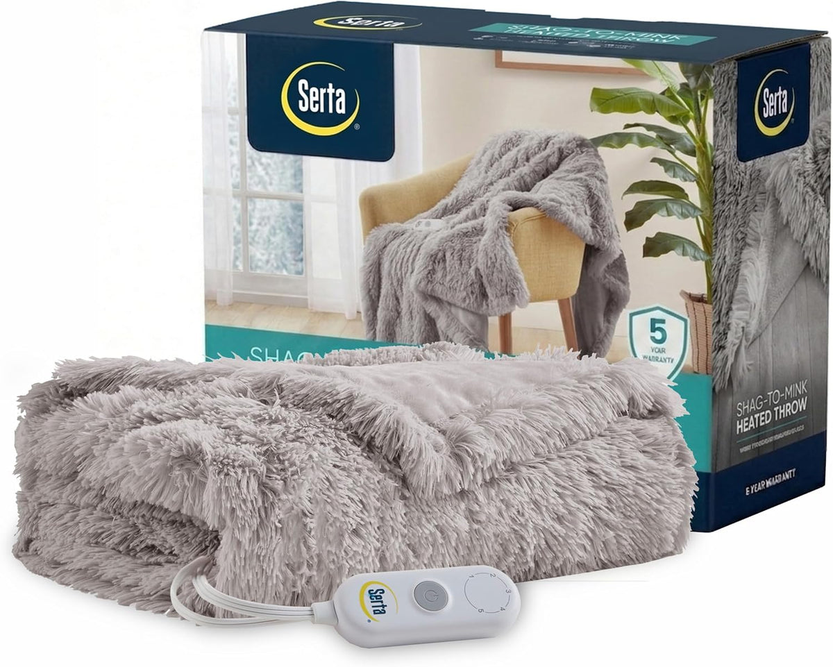 Serta Heated Electric Throw - Shaggy Faux Fur, 5 Heat & Washable