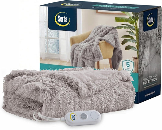 Serta Heated Electric Throw - Shaggy Faux Fur, 5 Heat & Washable