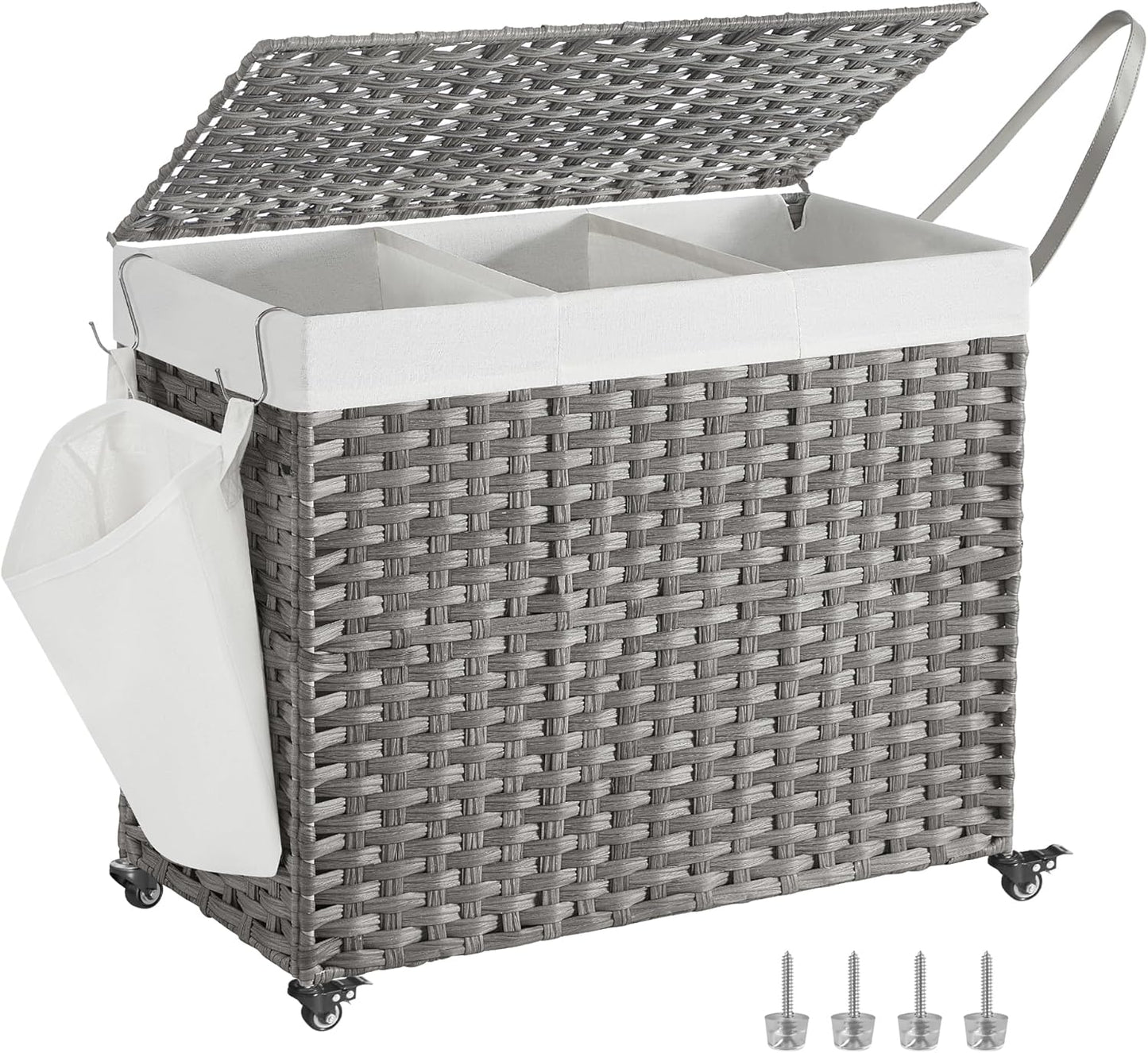 SONGMICS Laundry Hamper with Lid, 42.3 Gallons (160 L), Rolling Laundry Basket with Wheels, 3-Section Synthetic Rattan, Removable Liner, Bedroom, 29.9 x 13 x 26 Inches, Natural ULCB365N01