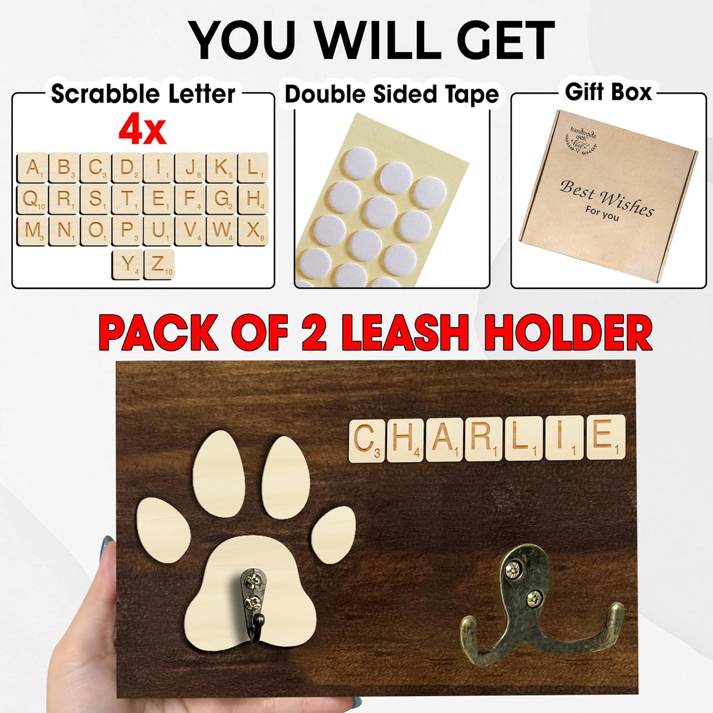 Dog Leash Holder Wall Mount, Pet Harness Hanger with Scrabble Letters, Dog Collar Organizer for Entryway, Memorial Cat Leash Holder for Wall, Pet Loss Gifts, Keepsake, Home Decor PF212-NAT