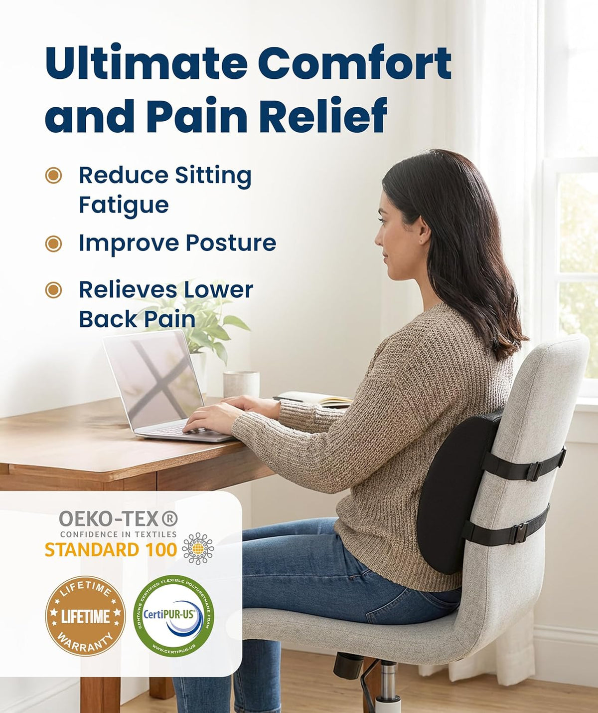 Everlasting Comfort Lumbar Support Pillow for Office Chair - Improves Posture, Promotes Back Pain Relief - Superior Back Support for Gaming and Desk Chairs - Lumbar Pillow for Car, Couch