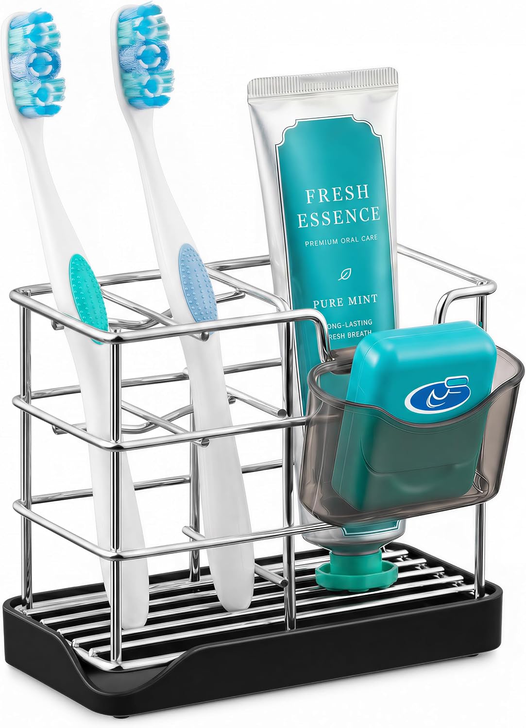 HBlife Toothbrush Holders for Bathrooms Black, Small Stainless Steel Bathroom Toothbrush Holder with Tray, Bathroom Accessories and Apartment Essentials