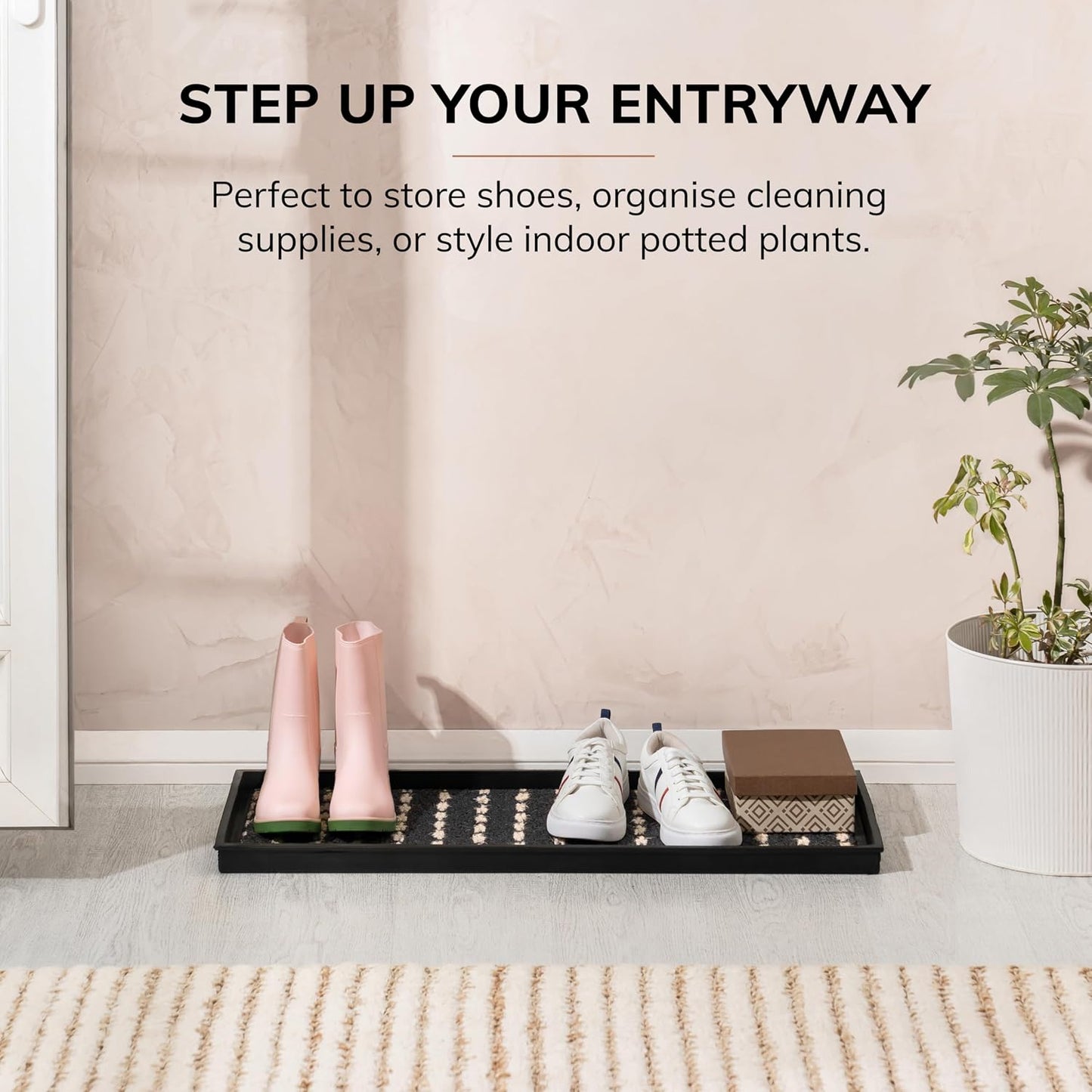 Anji Mountain Heavy Duty Waterproof Rubber Shoe Storage Mat Organizer/Boot Storage Tray Multi Use For Entryway with Coir, Tan Insert, Fits 2 Pair (24.5" Wide)