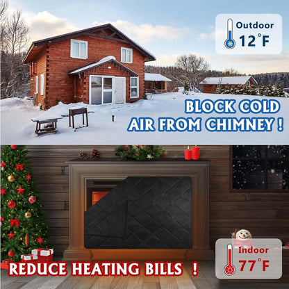 Magnetic Fireplace Cover Blanket Draft Stopper 45*34in Brick Fireplace Screen Insulation Cover Chimney Cold Air Blocker with Strong Magnet Hook-and-Loop Fasteners for Winter Iron Frame Stops Heat Loss