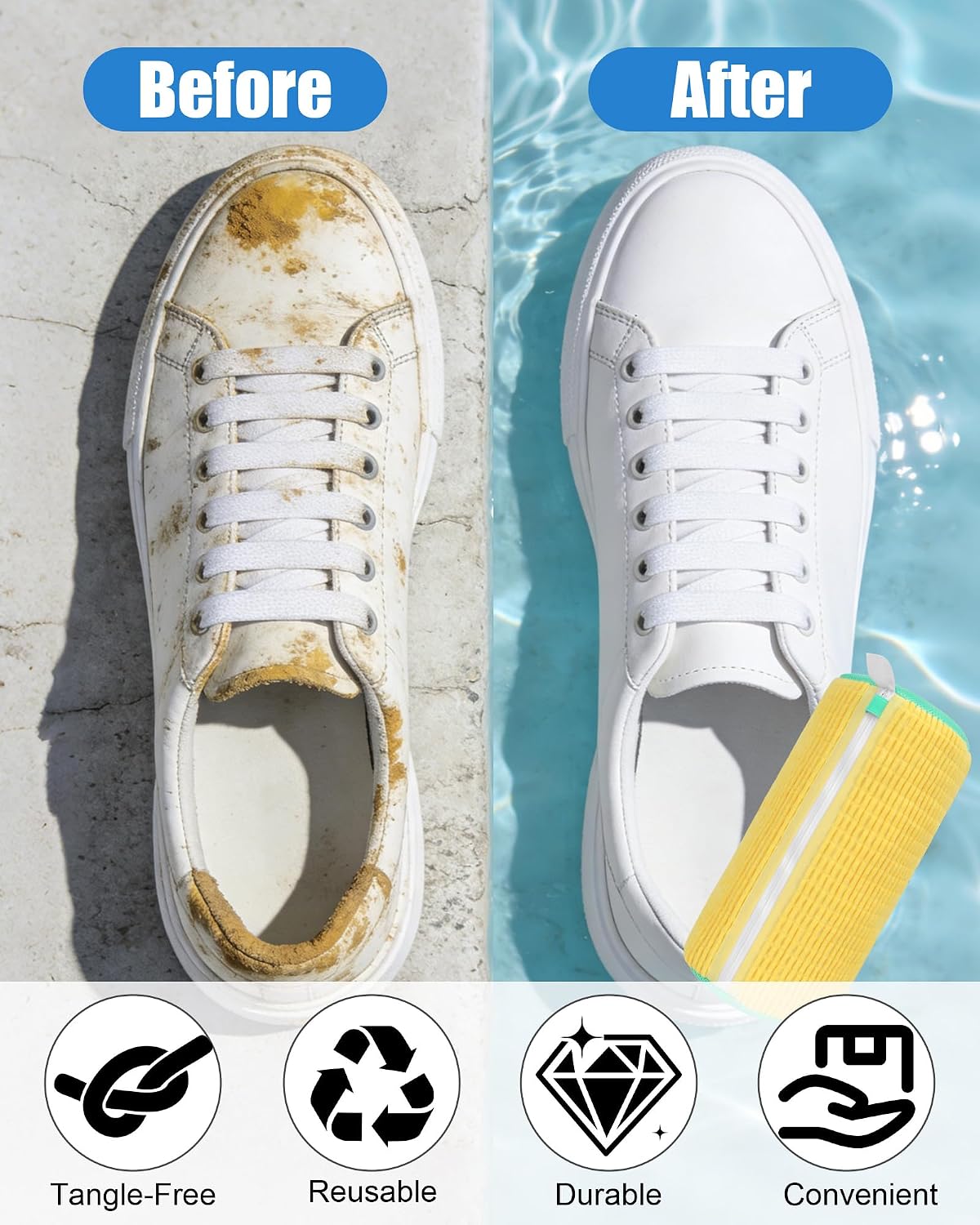 Shoe Washing Machine Bag, 2Pcs Reusable Laundry Shoe Bag for Washer and Dryer, 360° Deep Cleaning Mesh Shoe Wash Bag, Durable Sneaker Cleaning Bag Fit for All Shoes Types (Yellow)