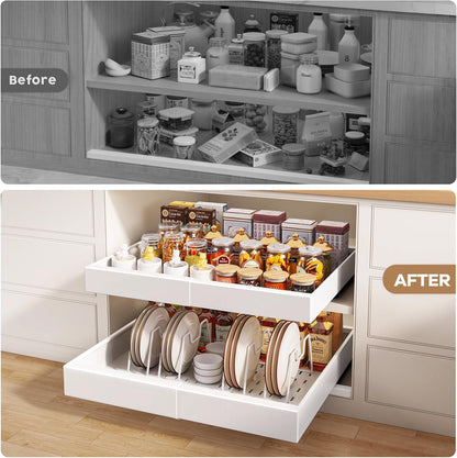 Seinloes 2Pack Pull out Cabinet Organizer 21"Deep with 4 Adjustable Dividers,Expandable（12.1"-20.4"W） Pots and Pans Organizer Under Cabinet with Raising Pad for Framed Cabinets,Slide out Drawers,White