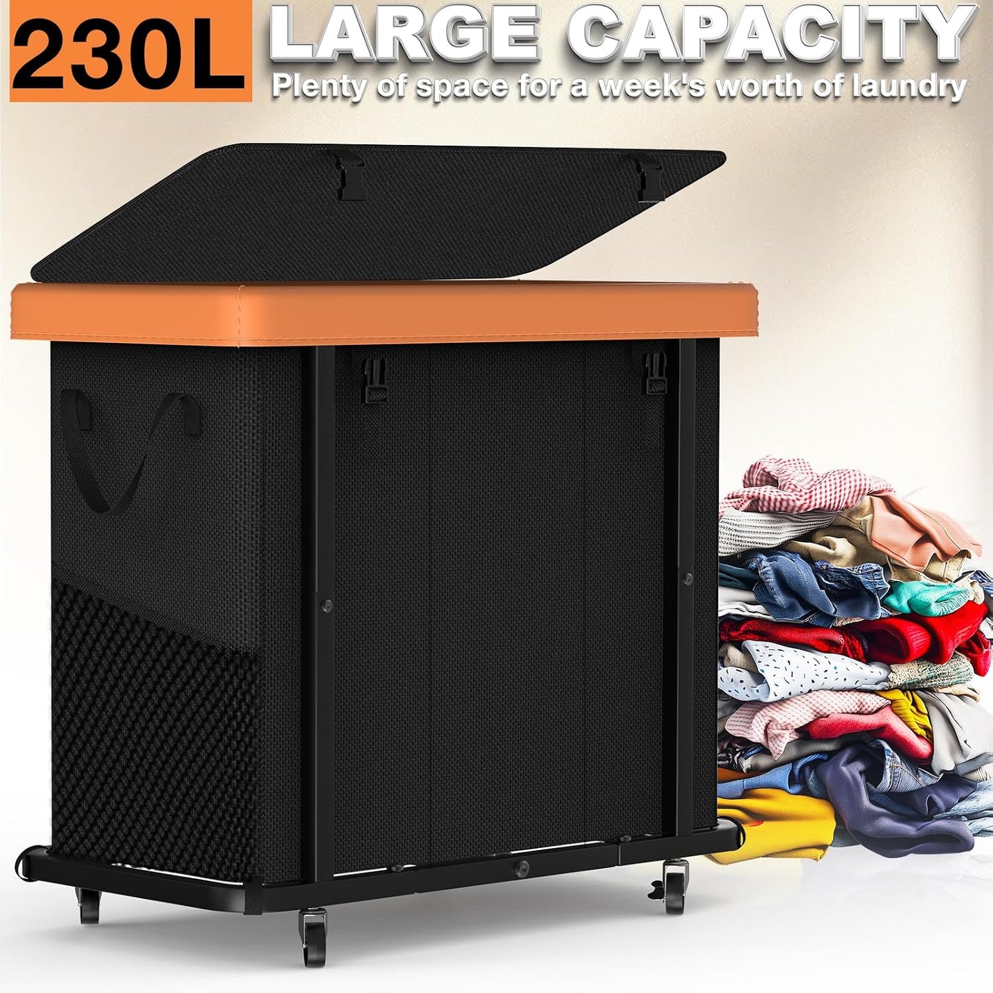 Laundry Hamper with Wheels,150L Leather Patchwork Clothes Hamper Black | Rolling Laundry Basket with Sturdy Metal Frame, Removable Washable Bag,Tall Clothes Sorter for Bedroom, Laundry Room, Dorm