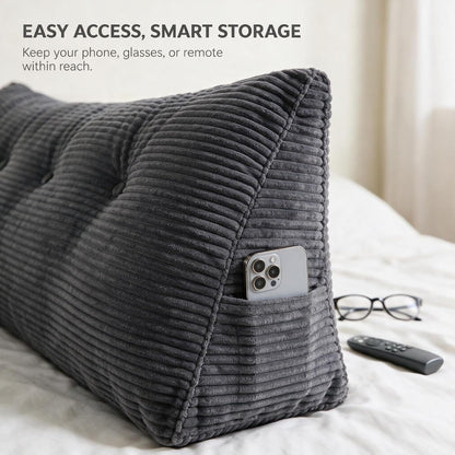 Headboard Pillow Queen, Wedge Headboard Pillow for Bed Sofa, Triangular Backrest Pillow with Removable Cover for Reading, Working, Sitting, Dark Grey