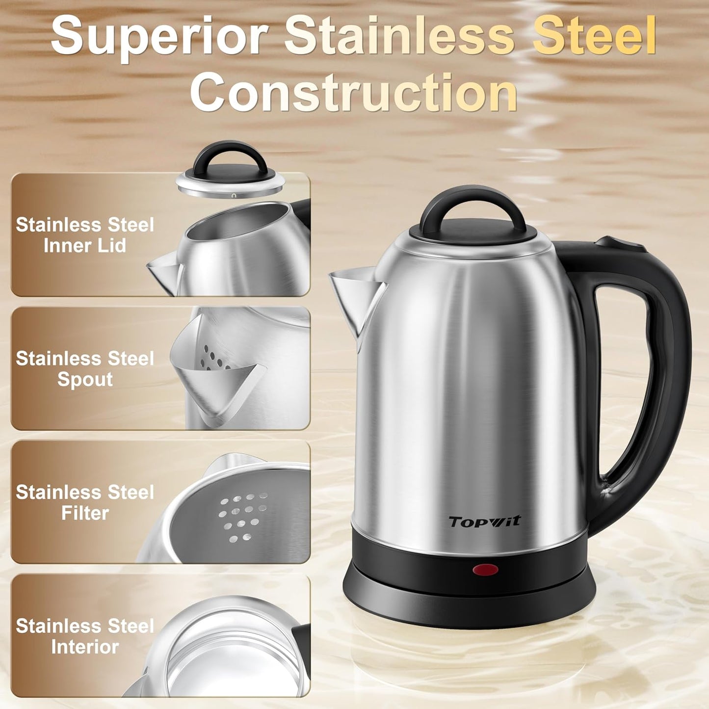Topwit 2.5L Large Electric Kettle,Fast Boil Stainless Steel Electric Kettle | BPA Free Hot Water Kettle Electric, Removable Lid, Auto Shut-Off, Boil-Dry Protection, Large Capacity for Family, 1200W