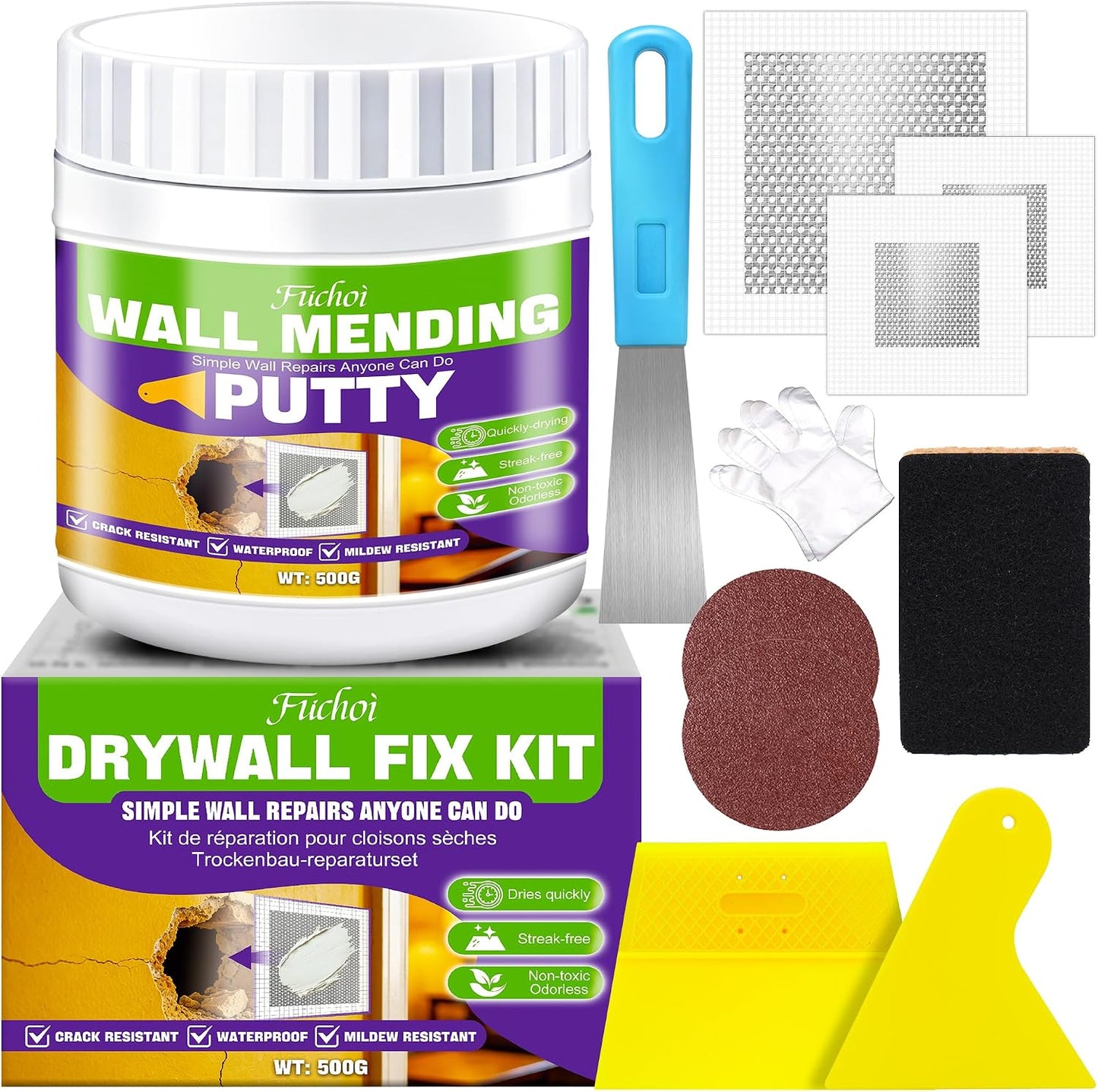 Drywall Repair Kit, 10.5oz Wall Spackle Paste,Drywall Hole Patch Repair Kit | For filling nail holes and crack on wall surfaces,drywall mud plaster with scraper & self-adhesive mesh patches