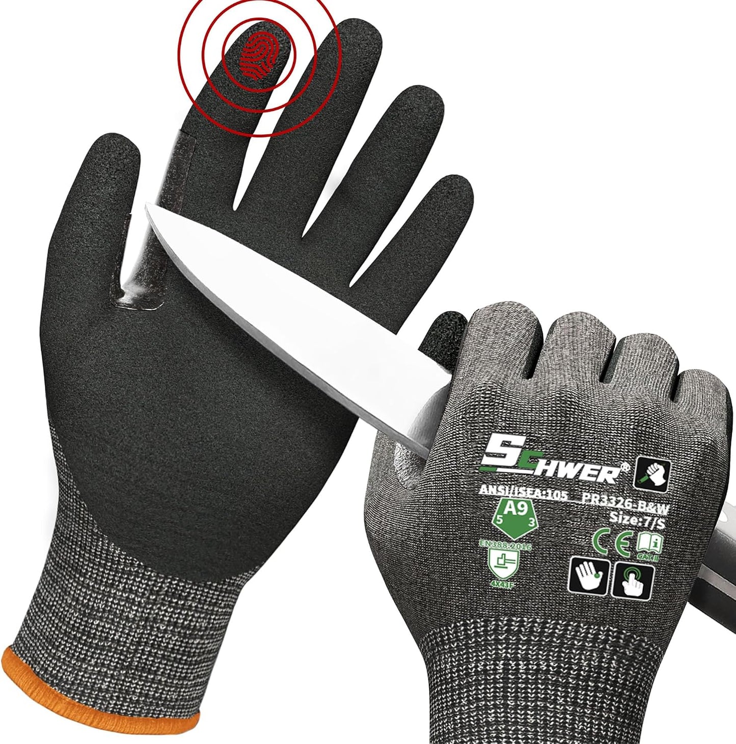 Schwer ProGuard High Level Cut Resistant Work Gloves for Extreme Protection, ANSI A9 Cut Gloves with Reinforced Thumb, Non Slip, Breathable, Durable, Touch-screen, Black 1 Pair（L 3326