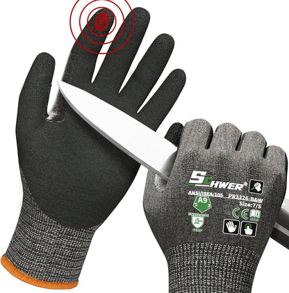 Schwer ProGuard High Level Cut Resistant Work Gloves for Extreme Protection, ANSI A9 Cut Gloves with Reinforced Thumb, Non Slip, Breathable, Durable, Touch-screen, Black 1 Pair（L 3326