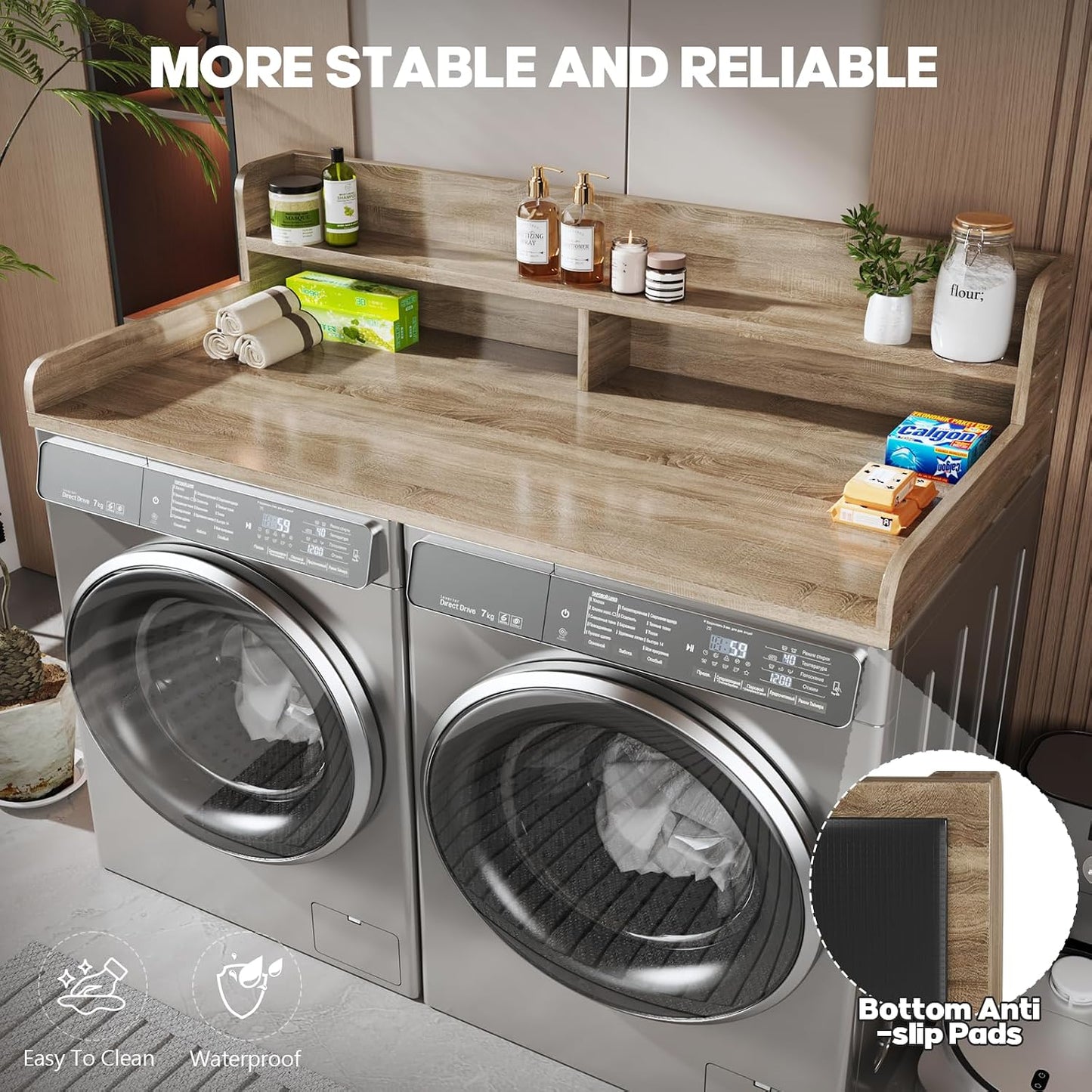 2-Tier Washer and Dryer Countertop with 2.75" H Guard,54" W x 27.5" D Laundry Countertop Cover with Non-Slip Pad,Large Space Laundry Topper for Folding Clothes Over Washer and Dryer-White