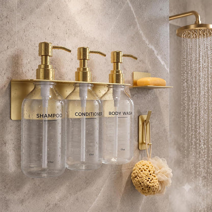 Shampoo Conditioner Body Wash Dispenser Bonus Soap Dish and Hook, Clear | 17 fl oz Set of 3 Clear Plastic Bottles with Black Pumps, Drill Free Adhesive Bathroom Organizer, Dorm Room Essentials