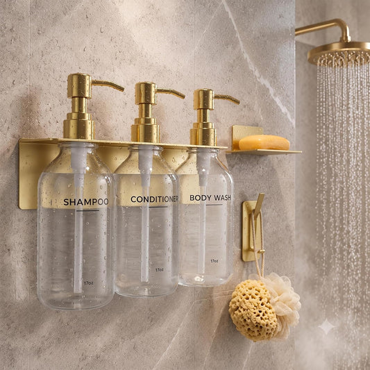 Shampoo Conditioner Body Wash Dispenser Bonus Soap Dish and Hook, Clear | 17 fl oz Set of 3 Clear Plastic Bottles with Black Pumps, Drill Free Adhesive Bathroom Organizer, Dorm Room Essentials