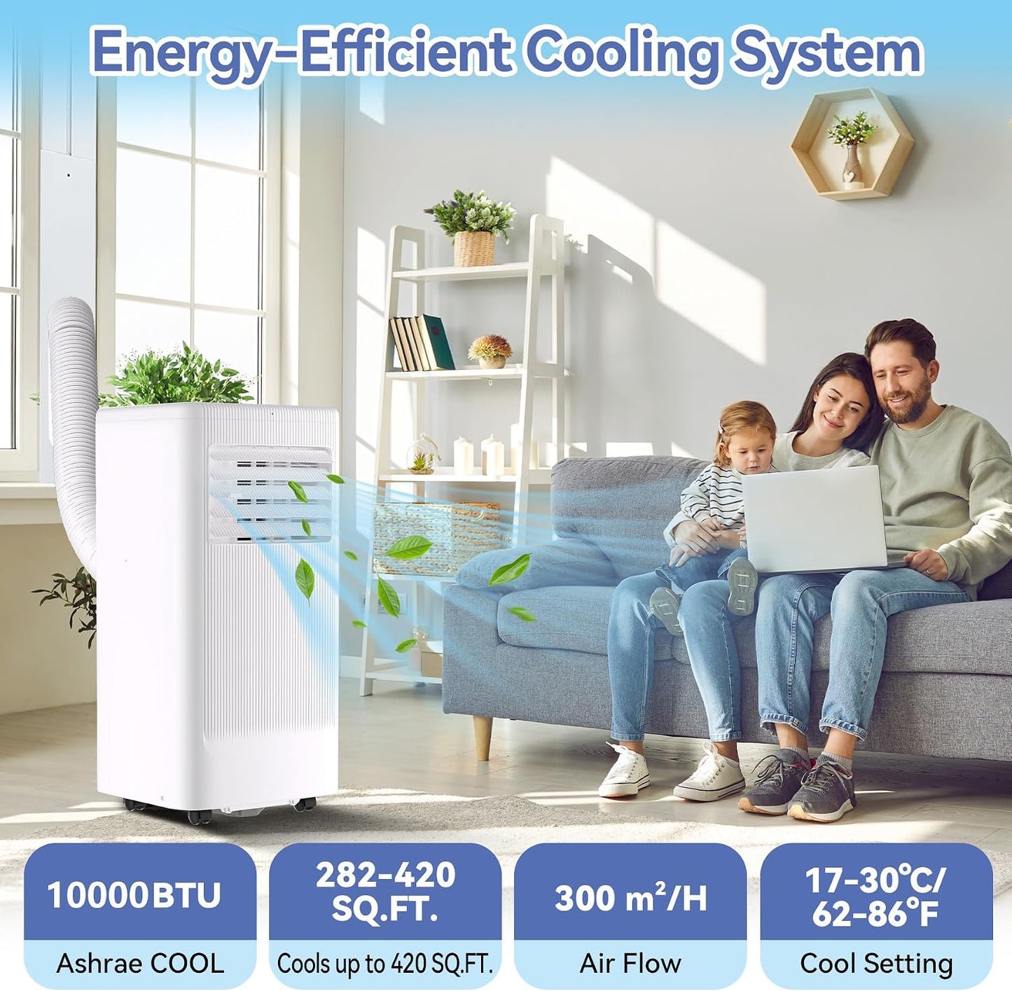10000 BTU Portable Air Conditioner, 3 In1 Cooling Dehumidifier Fan, Quiet Fast Cooling, 4 Way Swing, LED Display, Remote, 24H Timer, 360° Wheels, Window Kit, Cools Rooms Up to 450 Sq.ft