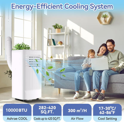 10000 BTU Portable Air Conditioner, 3 In1 Cooling Dehumidifier Fan, Quiet Fast Cooling, 4 Way Swing, LED Display, Remote, 24H Timer, 360° Wheels, Window Kit, Cools Rooms Up to 450 Sq.ft
