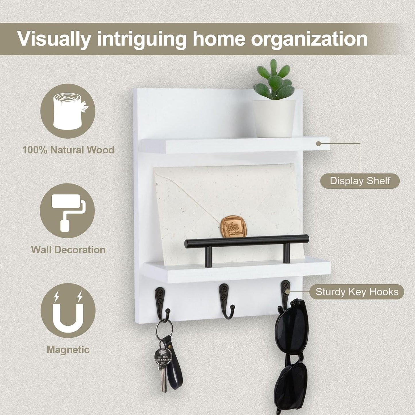 Key Holder Wall Mount, Mail Shelf Decor with 3 Key Hooks, Versatile Wood Wall Organizer for Entryway Hallway (8.2” x 10.6”x 3.6”) (White) | Farmhouse Key Hanger Holds Dog Leash, Sunglasses – Decorative Mail Organizer Home Decor